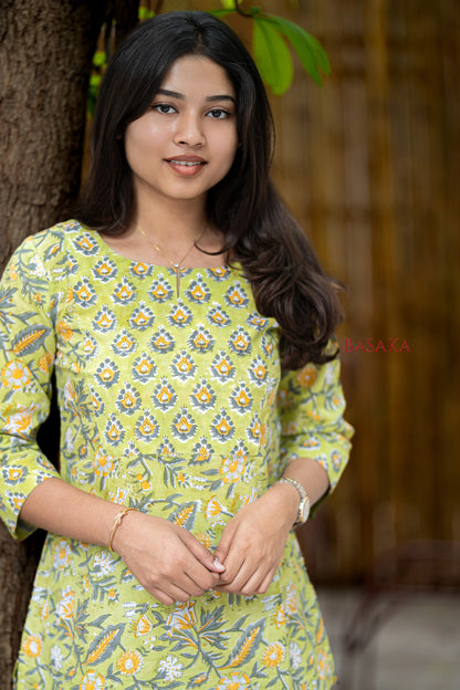 Pastel Green Block Printed Short Kurti