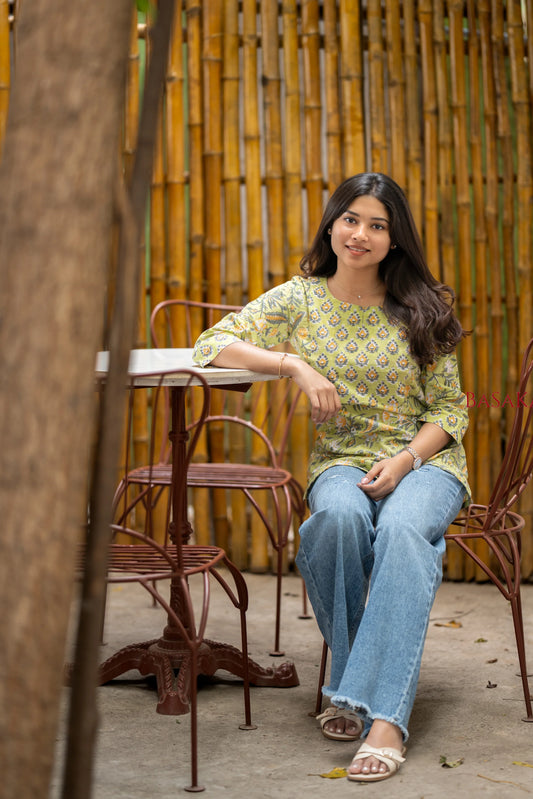 Pastel Green Block Printed Short Kurti