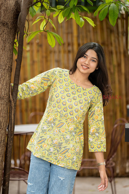 Pastel Green Block Printed Short Kurti
