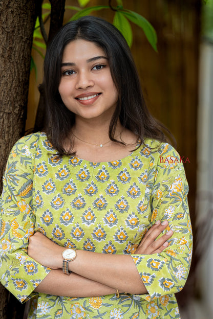 Pastel Green Block Printed Short Kurti