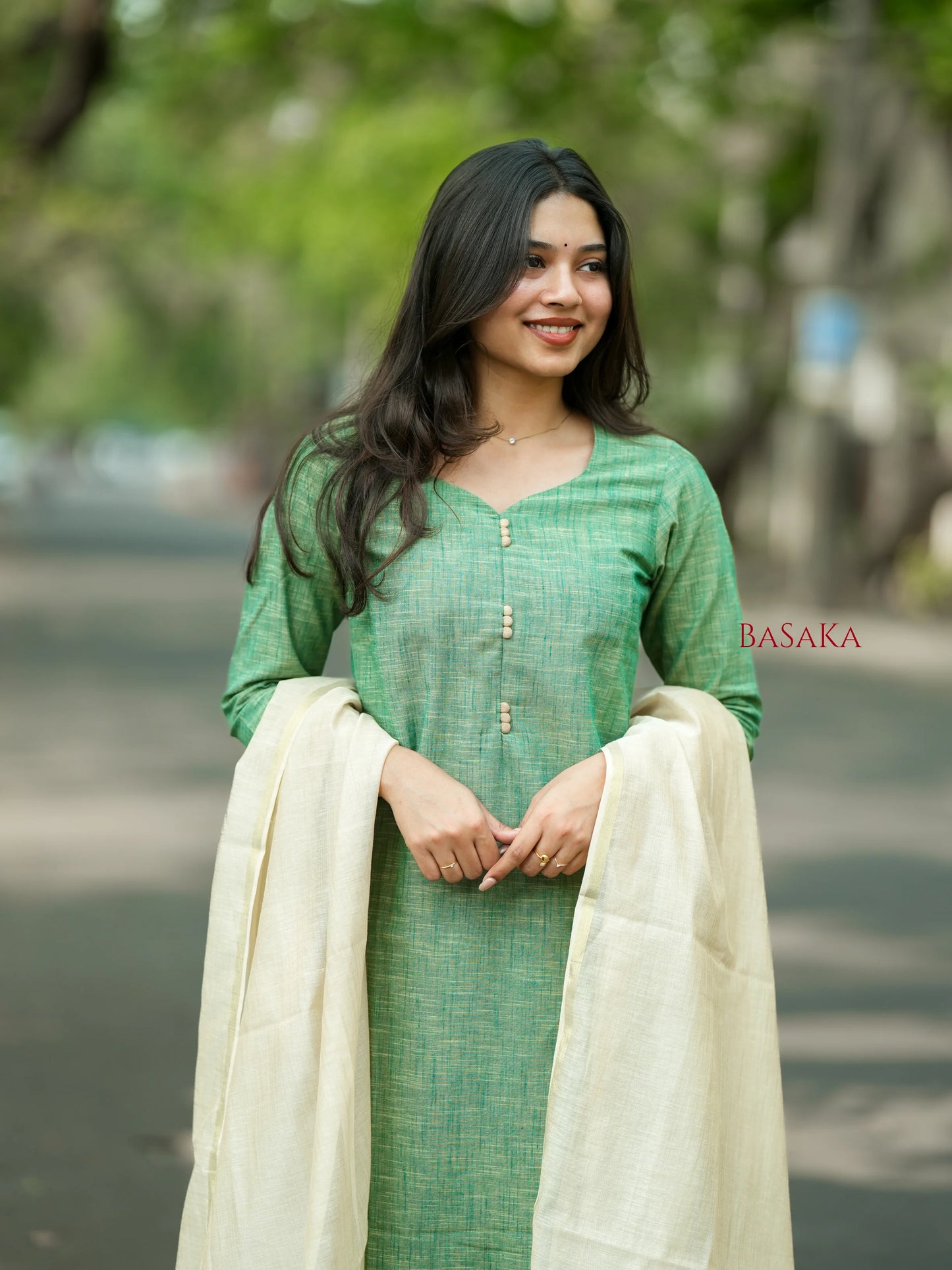 Ocean Green South Cotton Handloom Suit Set (3Pcs.)
