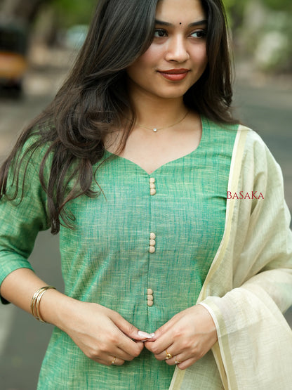 Ocean Green South Cotton Handloom Suit Set (3Pcs.)