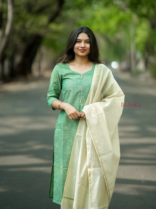Ocean Green South Cotton Handloom Suit Set (3Pcs.)