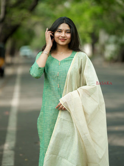 Ocean Green South Cotton Handloom Suit Set (3Pcs.)
