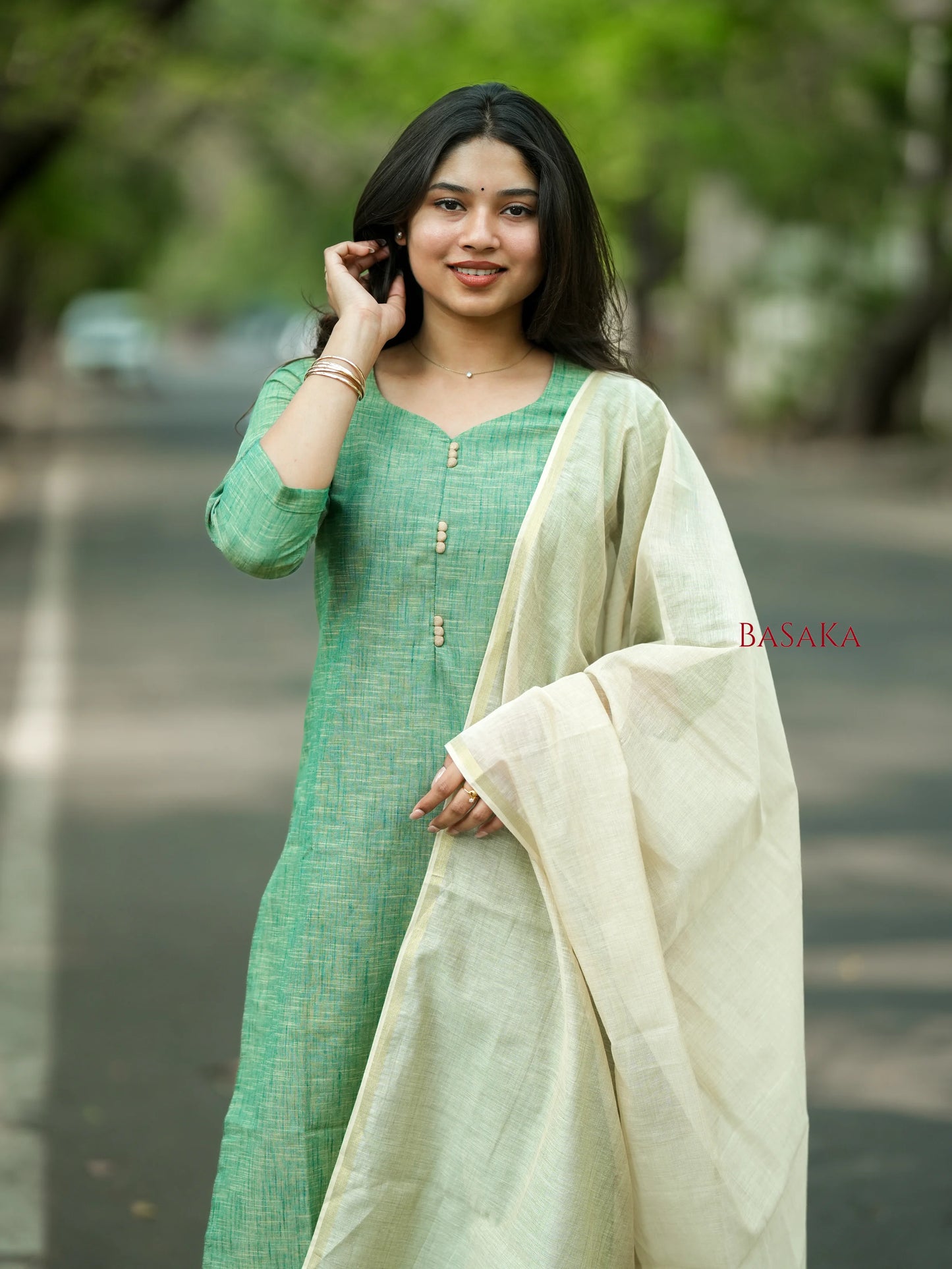 Ocean Green South Cotton Handloom Suit Set (3Pcs.)