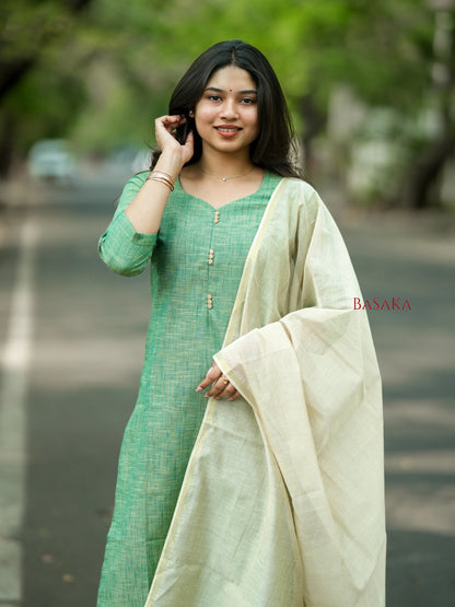Ocean Green South Cotton Handloom Suit Set (3Pcs.)