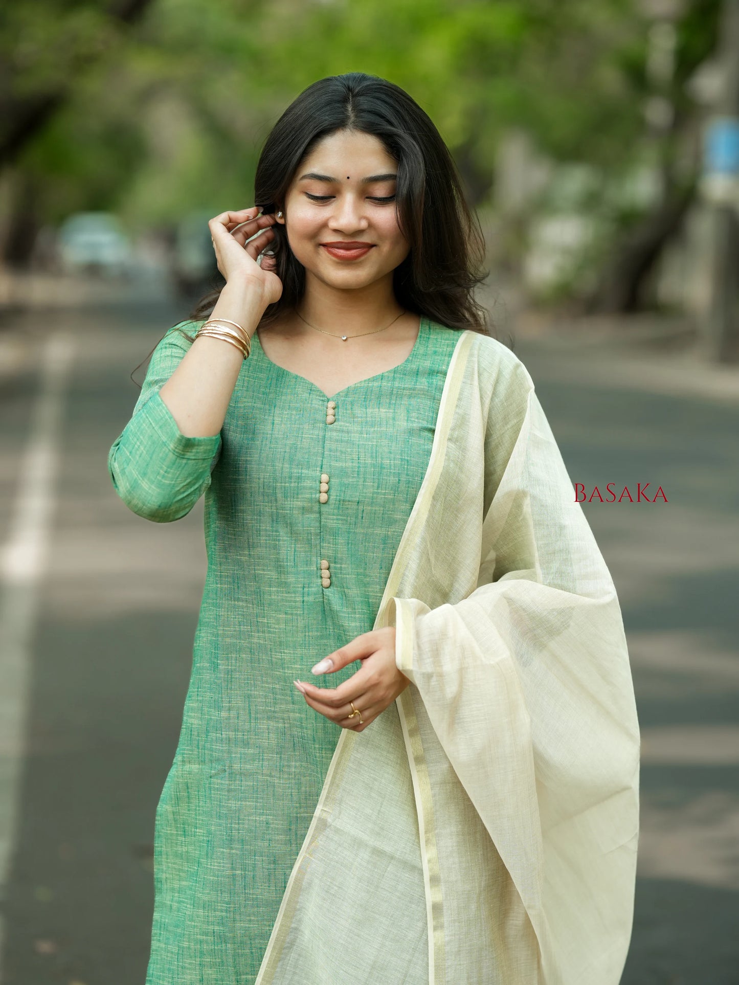 Ocean Green South Cotton Handloom Suit Set (3Pcs.)