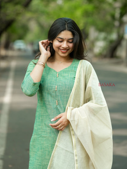 Ocean Green South Cotton Handloom Suit Set (3Pcs.)
