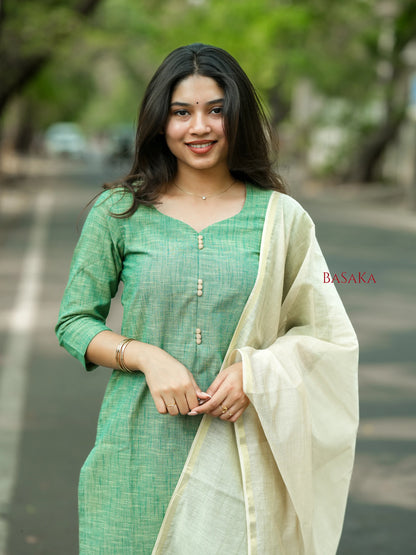 Ocean Green South Cotton Handloom Suit Set (3Pcs.)