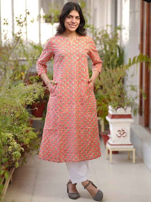 Peach Mist Floral COTTON A-Line Kurta