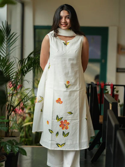 Pearl White Hand Painted MUL MUL Suit Set (3 pcs.)