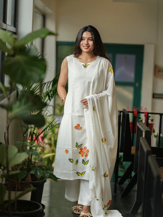 Pearl White Hand Painted MUL MUL Suit Set (3 pcs.)