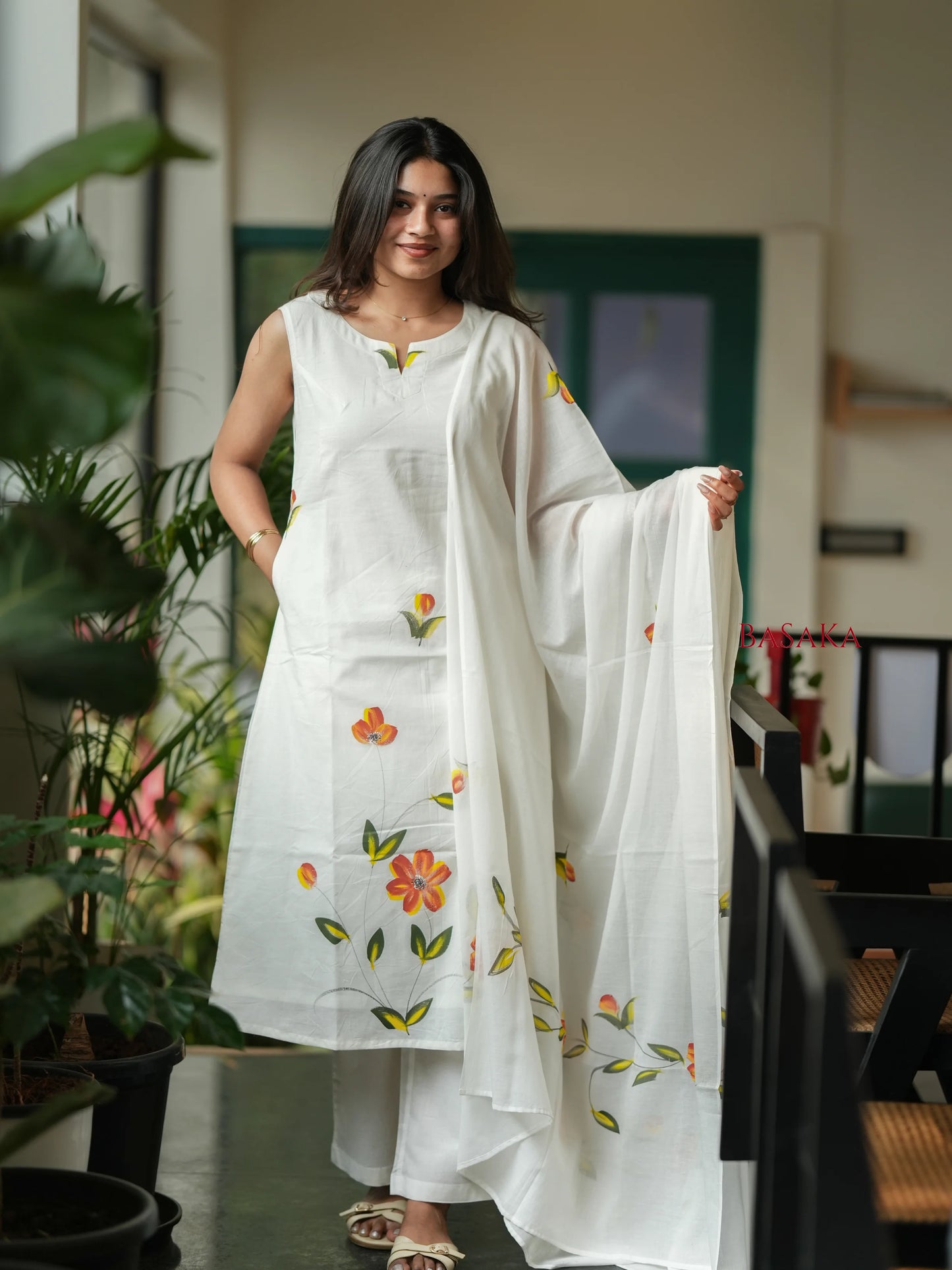 Pearl White Hand Painted MUL MUL Suit Set (3 pcs.)