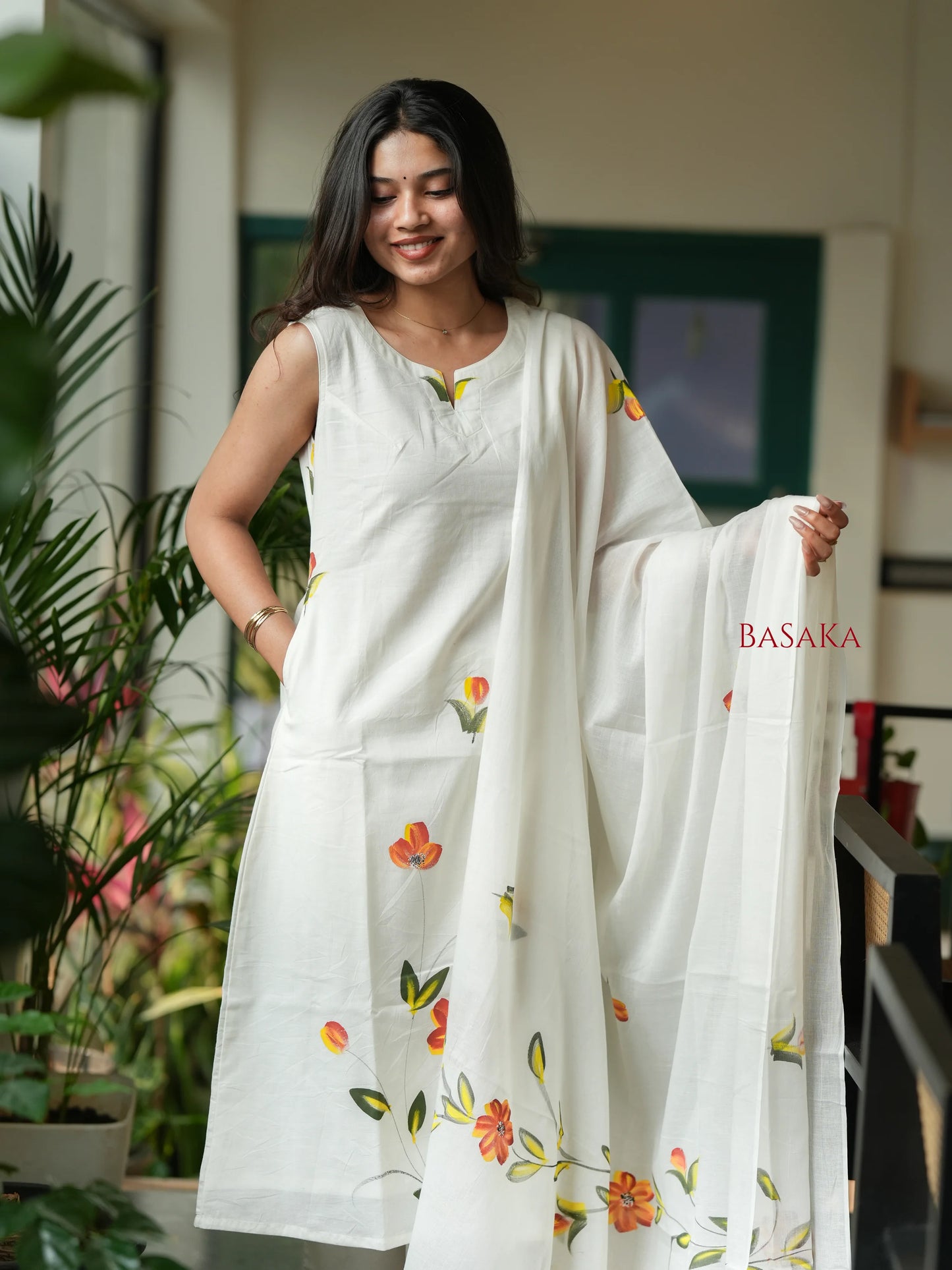 Pearl White Hand Painted MUL MUL Suit Set (3 pcs.)