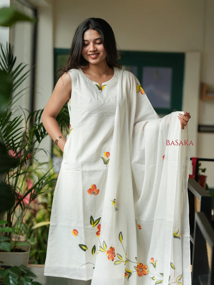 Pearl White Hand Painted MUL MUL Suit Set (3 pcs.)