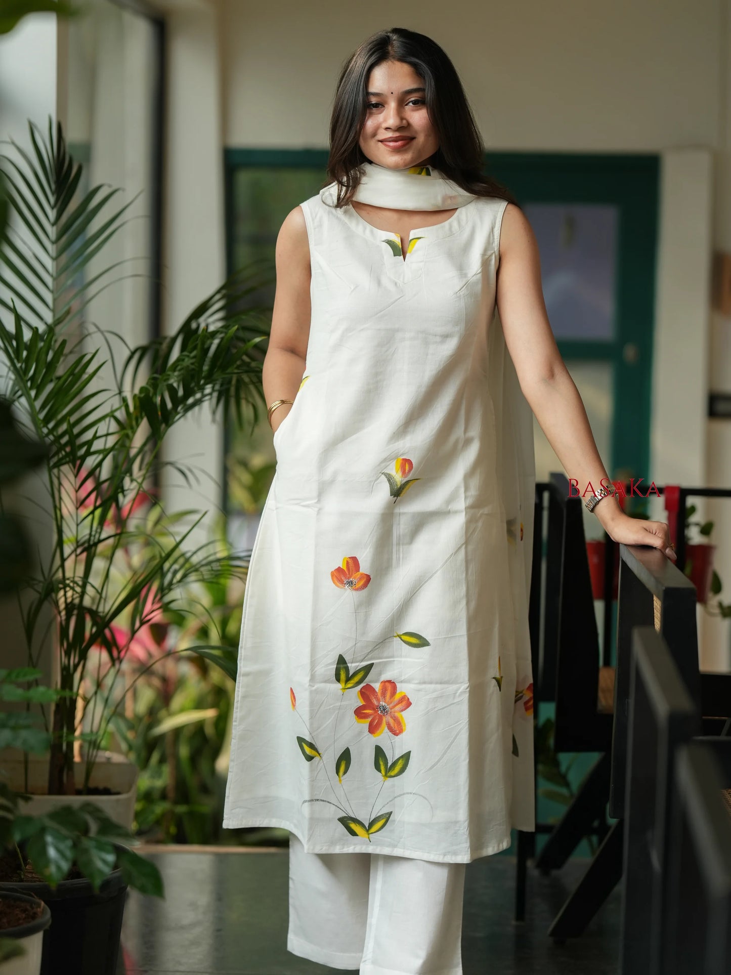 Pearl White Hand Painted MUL MUL Suit Set (3 pcs.)