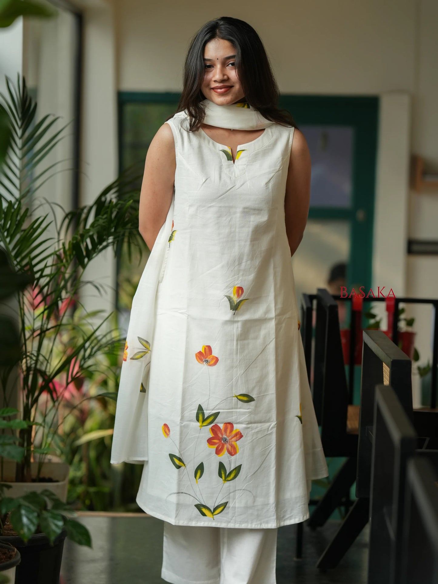 Pearl White Hand Painted MUL MUL Suit Set (3 pcs.)