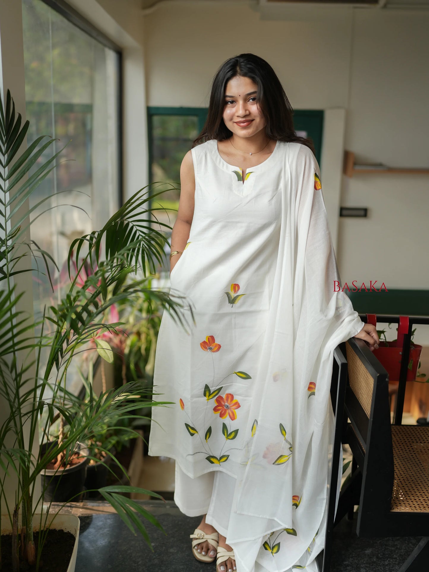 Pearl White Hand Painted MUL MUL Suit Set (3 pcs.)