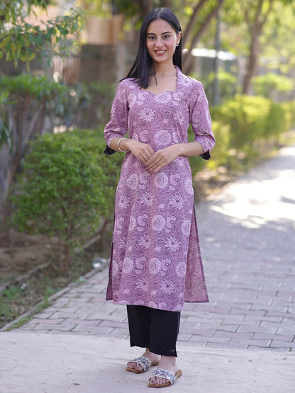 Pearly Purple Floral Block Printed Cotton Kurta