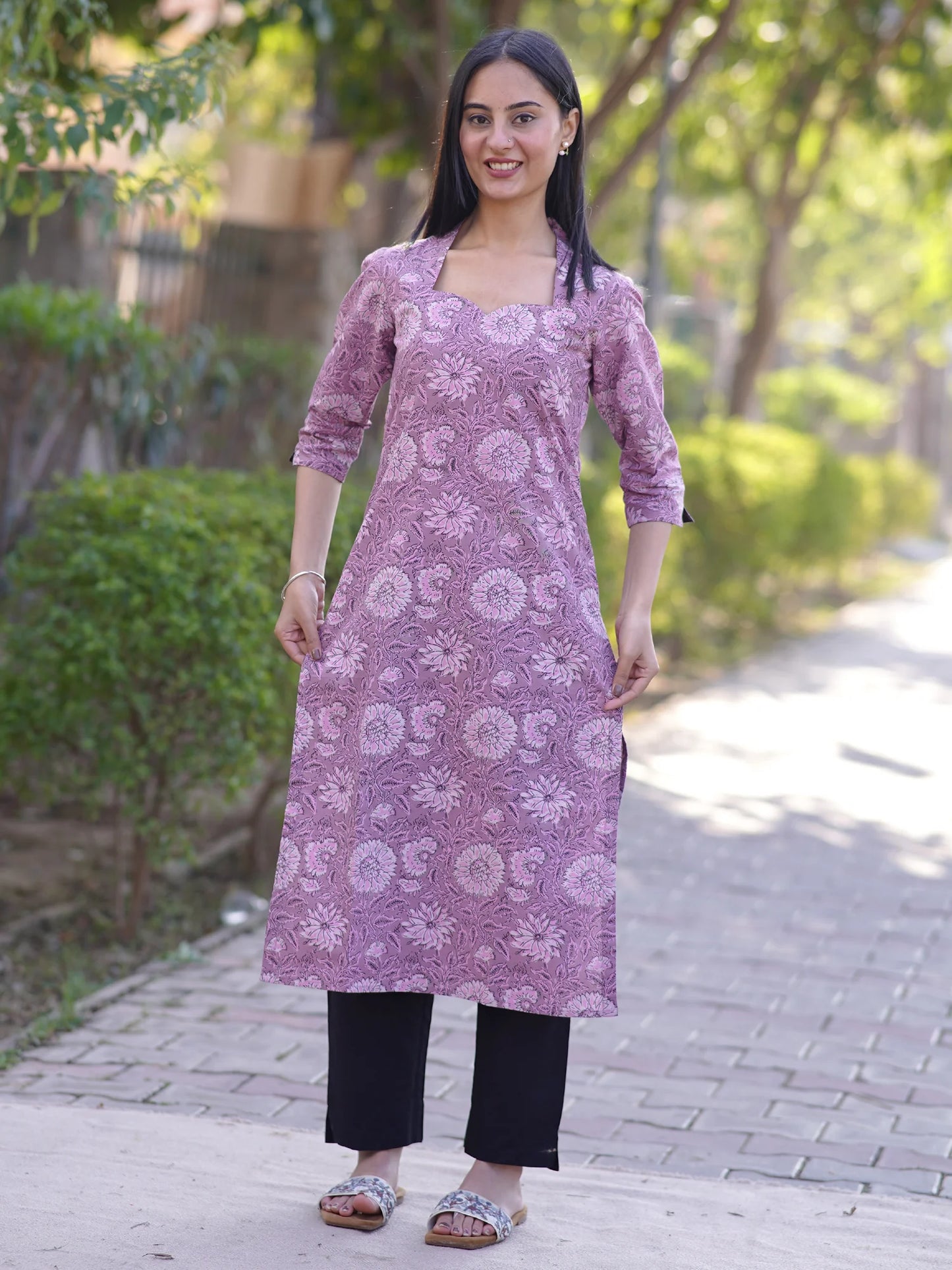 Pearly Purple Floral Block Printed Cotton Kurta