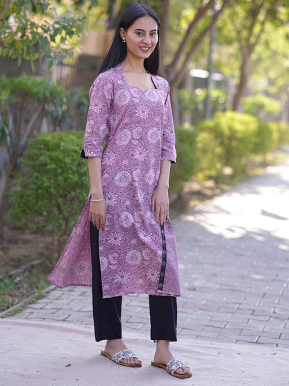 Pearly Purple Floral Block Printed Cotton Kurta