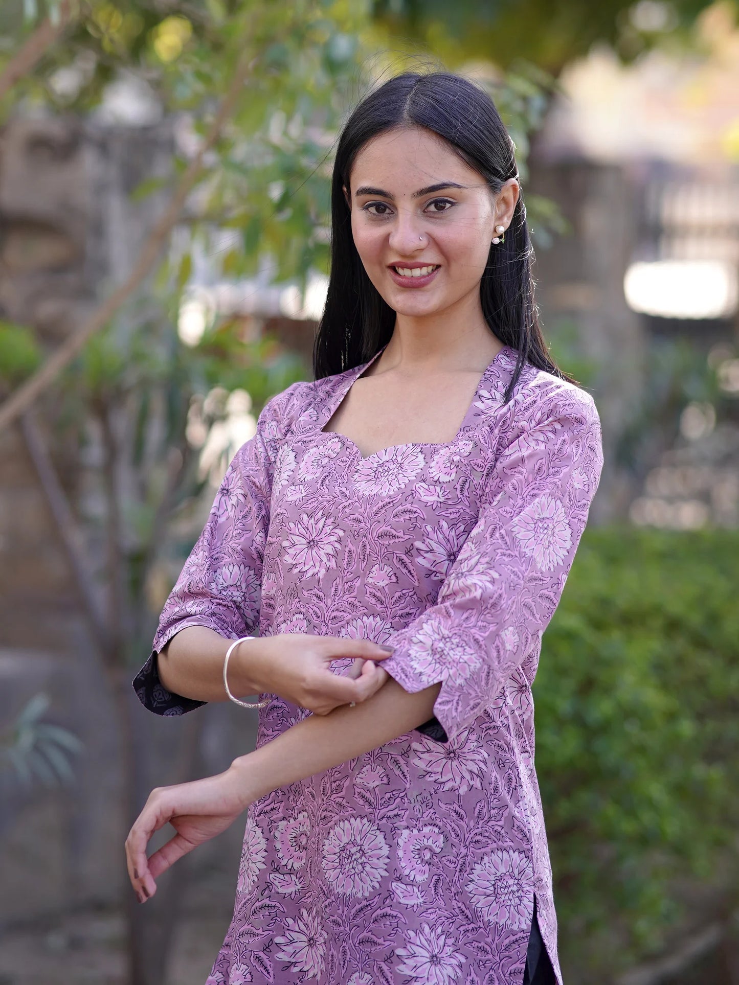 Pearly Purple Floral Block Printed Cotton Kurta