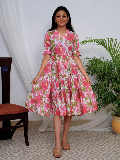 Pink Blossom COTTON Tiered Dress