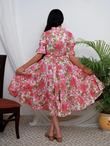 Pink Blossom COTTON Tiered Dress