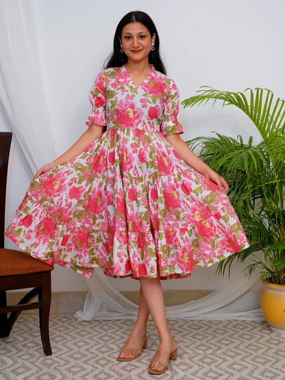 Pink Blossom COTTON Tiered Dress