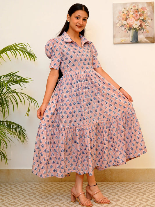 Pink Blue Breeze Block Printed COTTON Tiered Dress