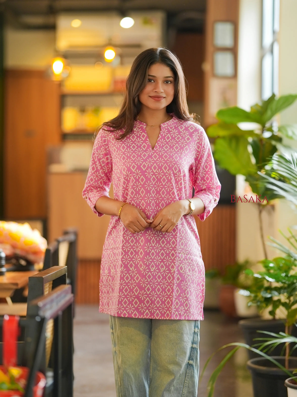 Pink Diamond Block Printed Short Kurti
