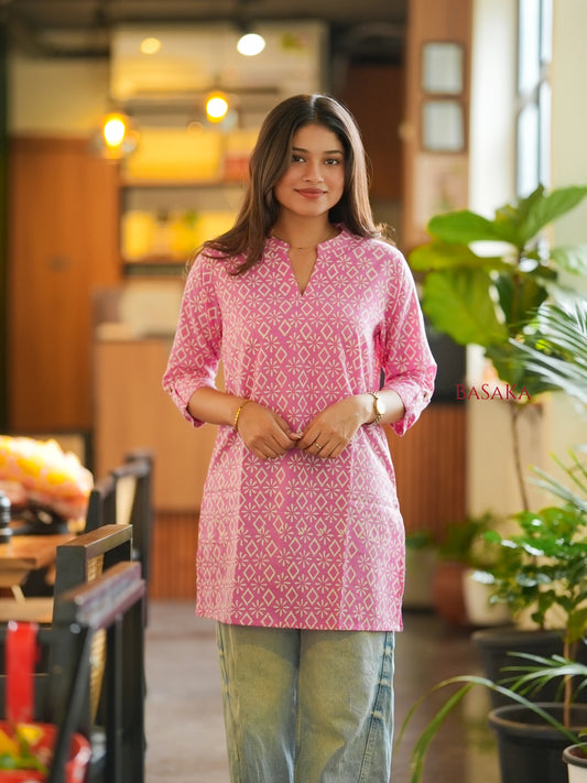 Pink Diamond Block Printed Short Kurti