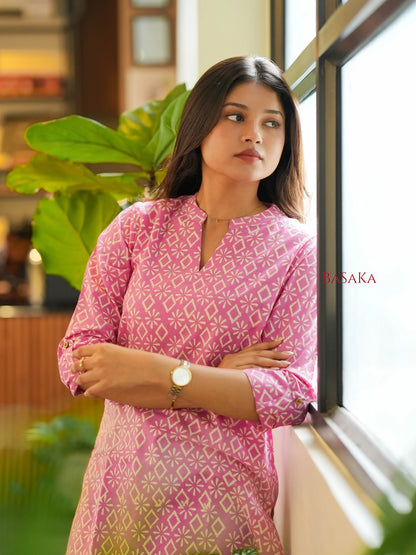 Pink Diamond Block Printed Short Kurti