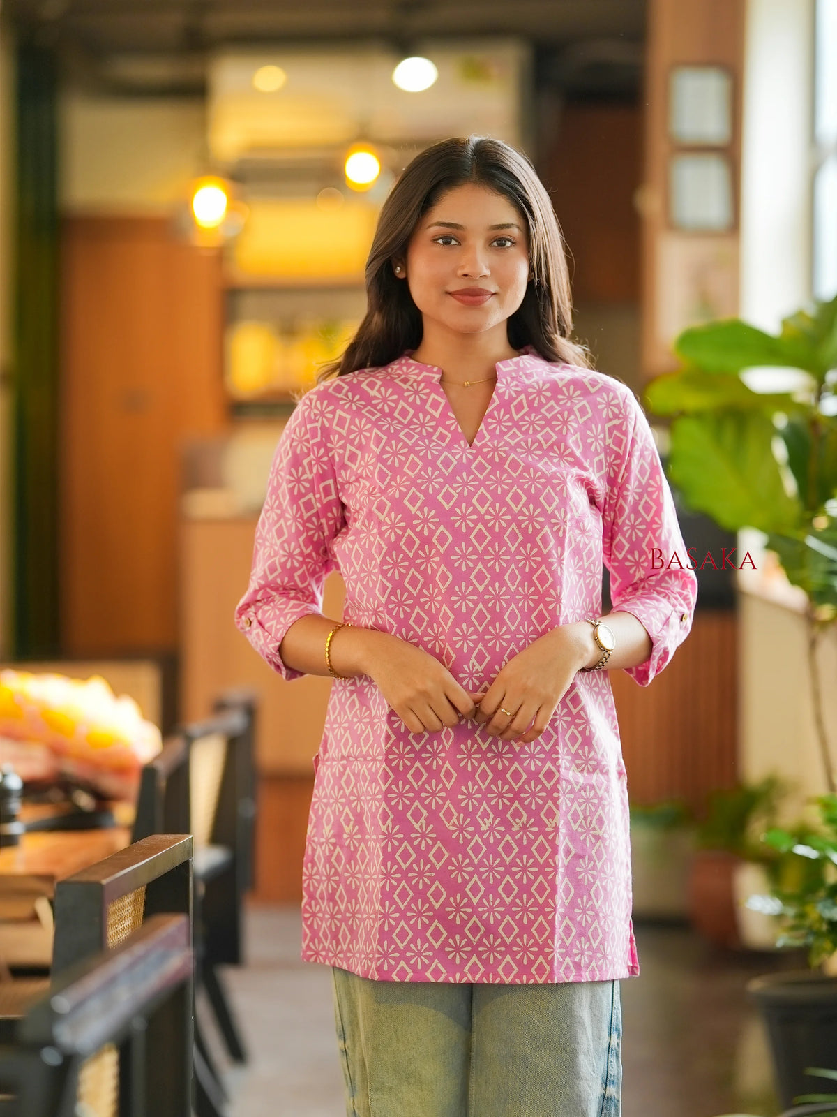 Pink Diamond Block Printed Short Kurti