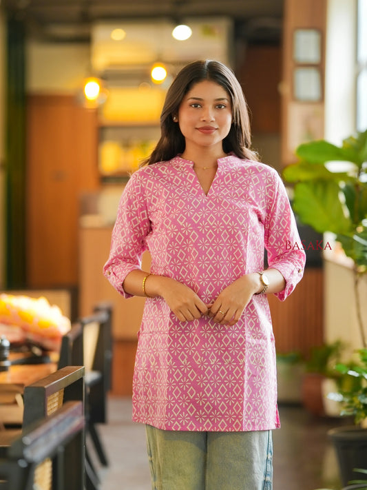 Pink Diamond Block Printed Short Kurti