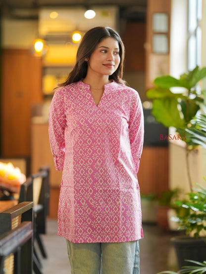 Pink Diamond Block Printed Short Kurti