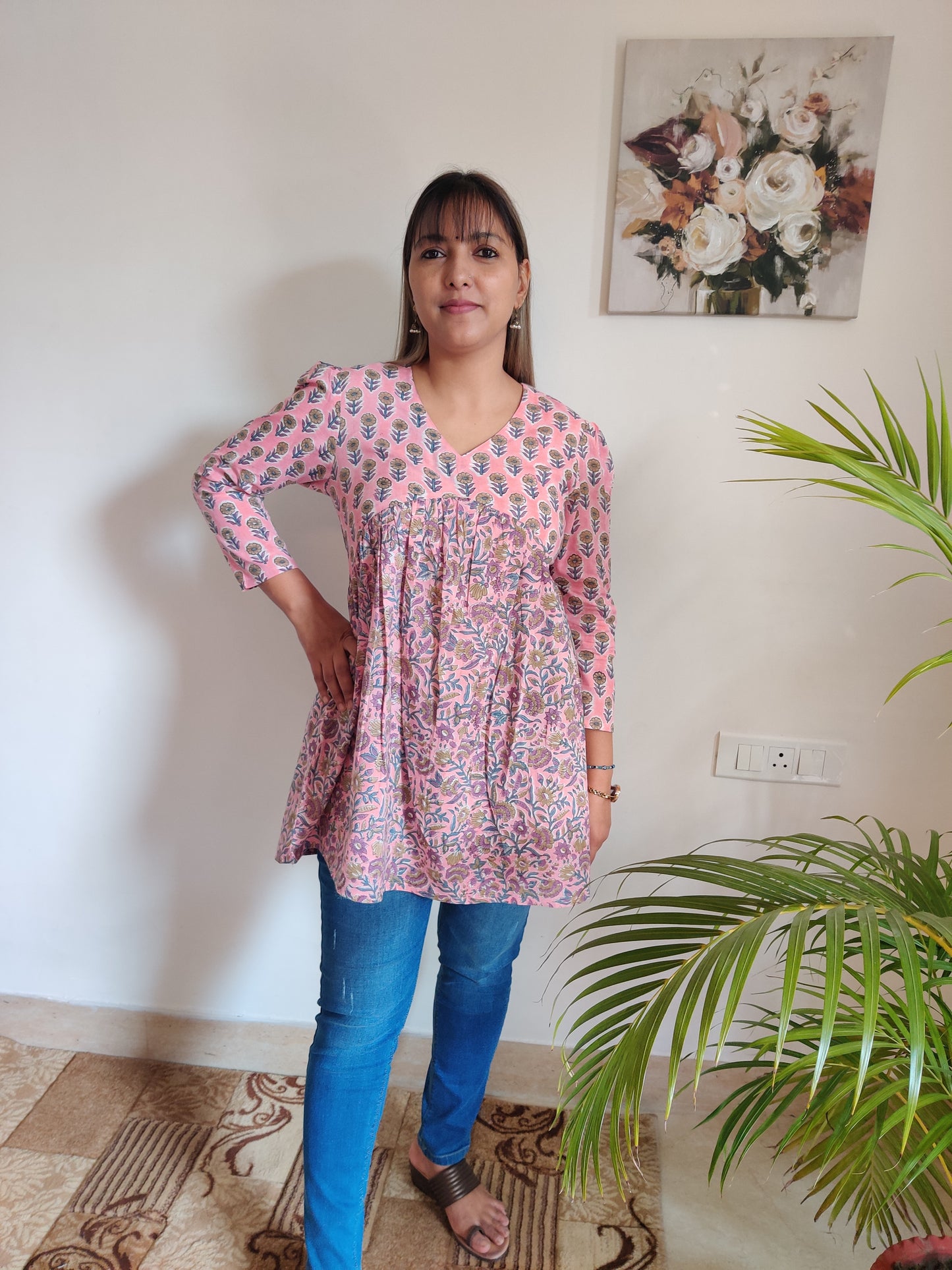 Pink and Lavender Floral Aliacut Kurti