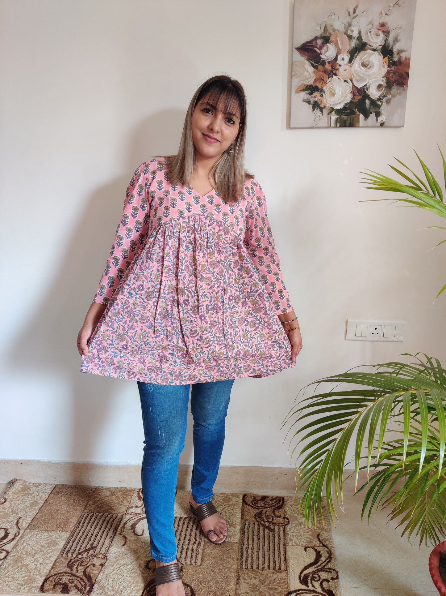 Pink and Lavender Floral Aliacut Kurti