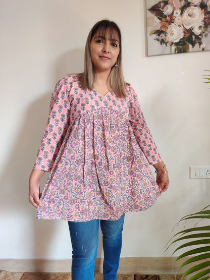 Pink and Lavender Floral Aliacut Kurti