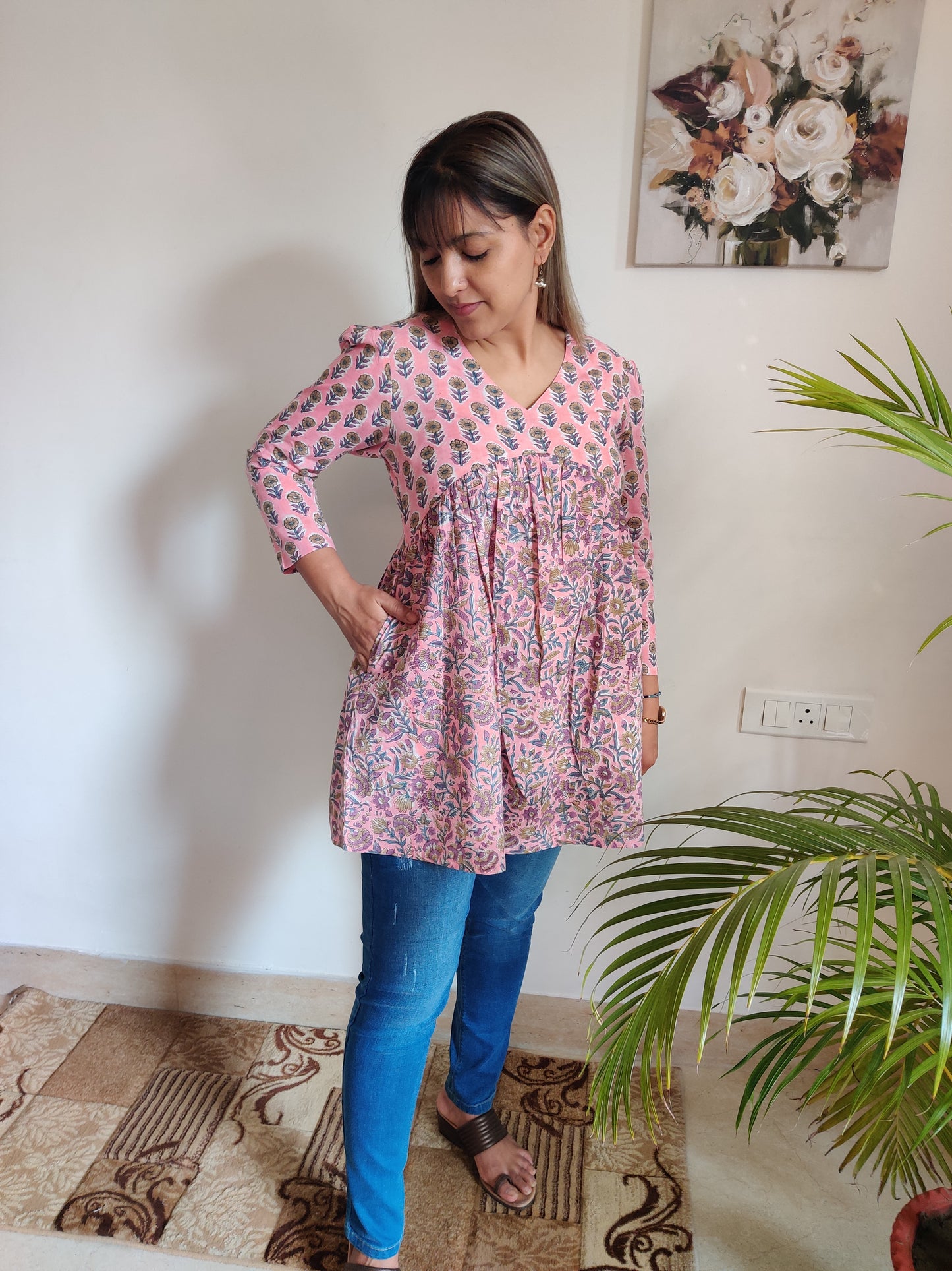 Pink and Lavender Floral Aliacut Kurti