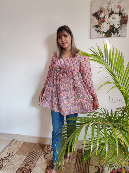 Pink and Lavender Floral Aliacut Kurti