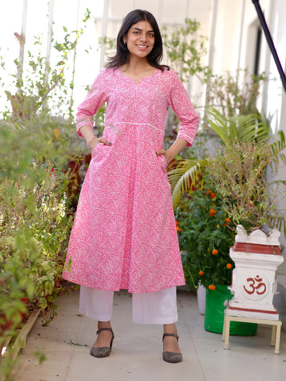 Pink Floral Box-Pleated COTTON Kurta