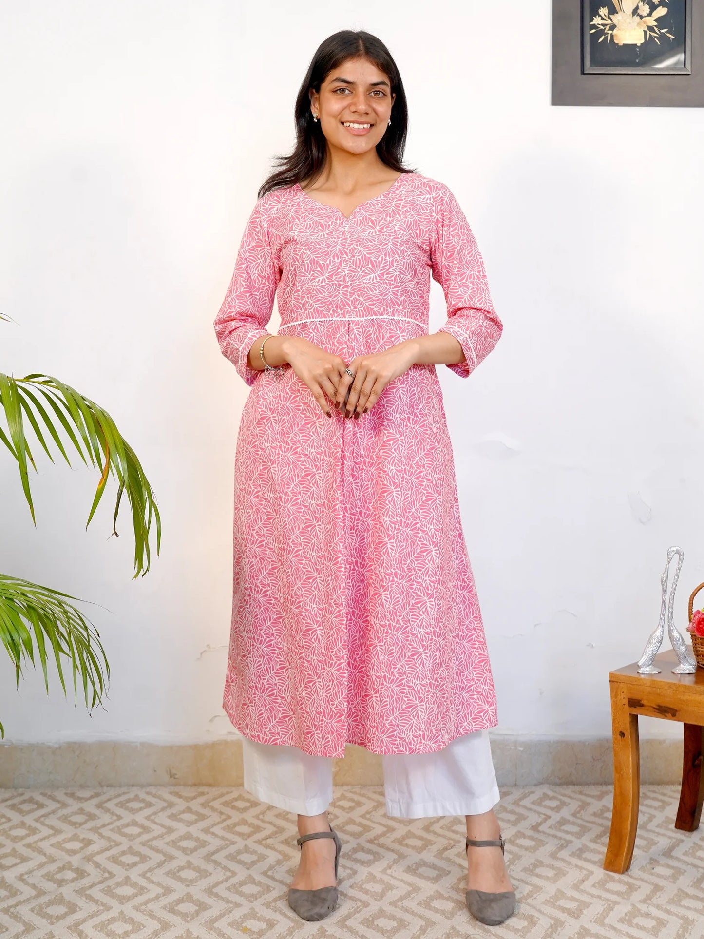 Pink Floral Box-Pleated COTTON Kurta