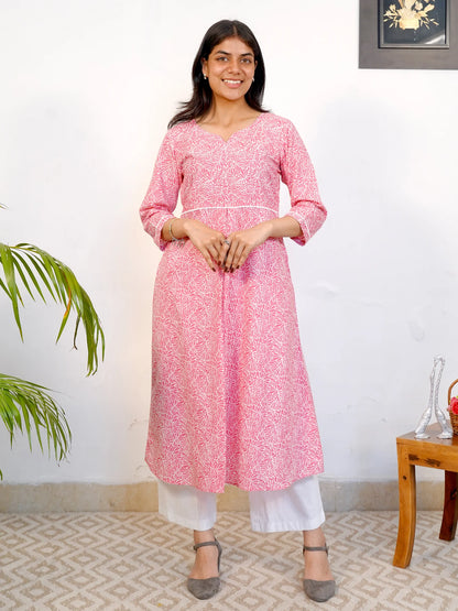 Pink Floral Box-Pleated COTTON Kurta