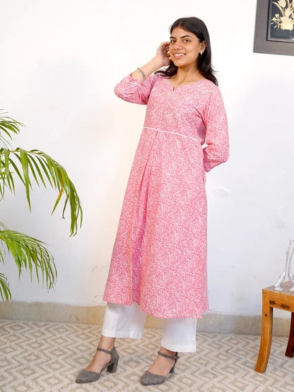 Pink Floral Box-Pleated COTTON Kurta
