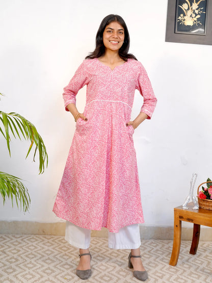 Pink Floral Box-Pleated COTTON Kurta