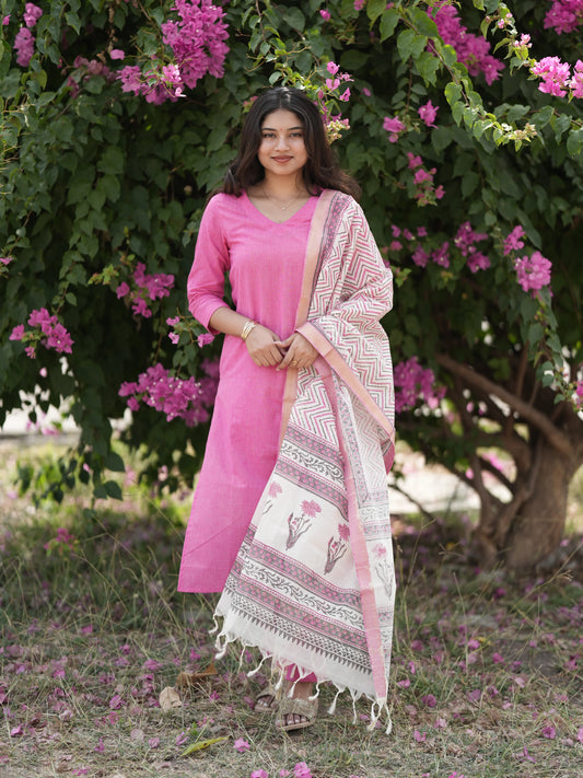 Soft Pink South South Cotton Suit Set with Block Printed Duppata(3Pcs.)