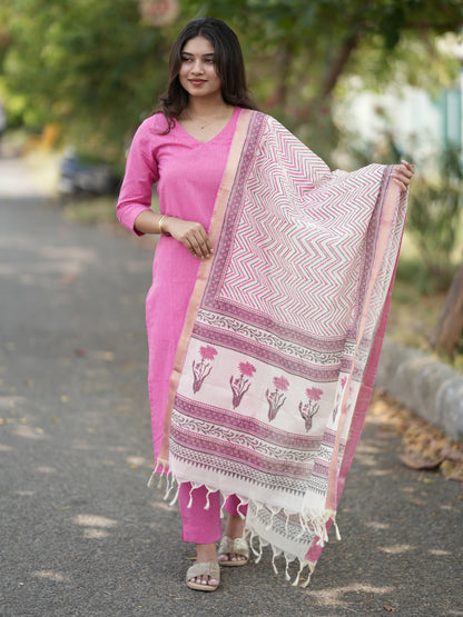 Soft Pink South Cotton Suit Set with Block Printed Dupatta (3Pcs.)