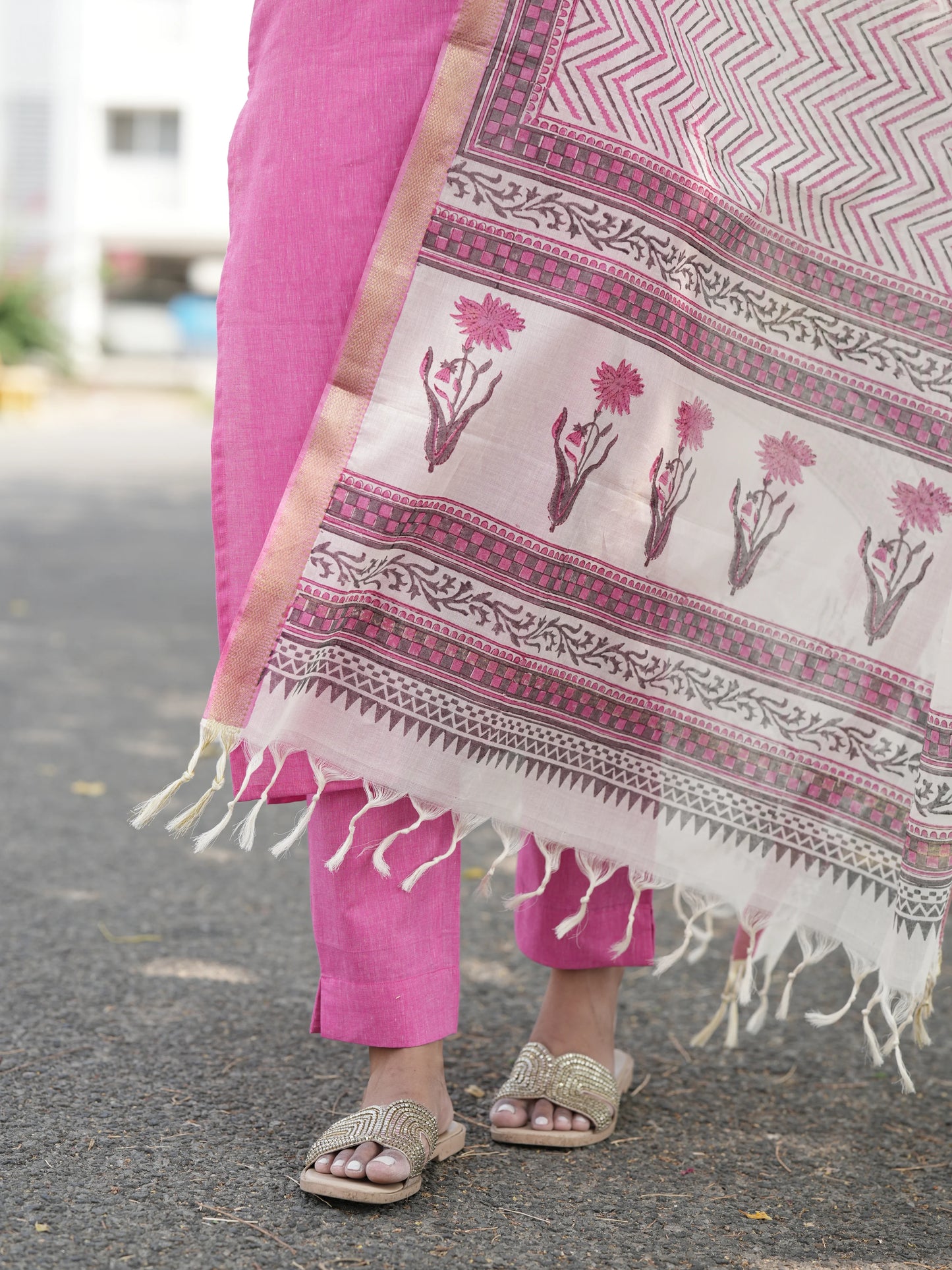 Soft Pink South Cotton Suit Set with Block Printed Dupatta (3Pcs.)