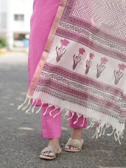 Soft Pink South Cotton Suit Set with Block Printed Dupatta (3Pcs.)